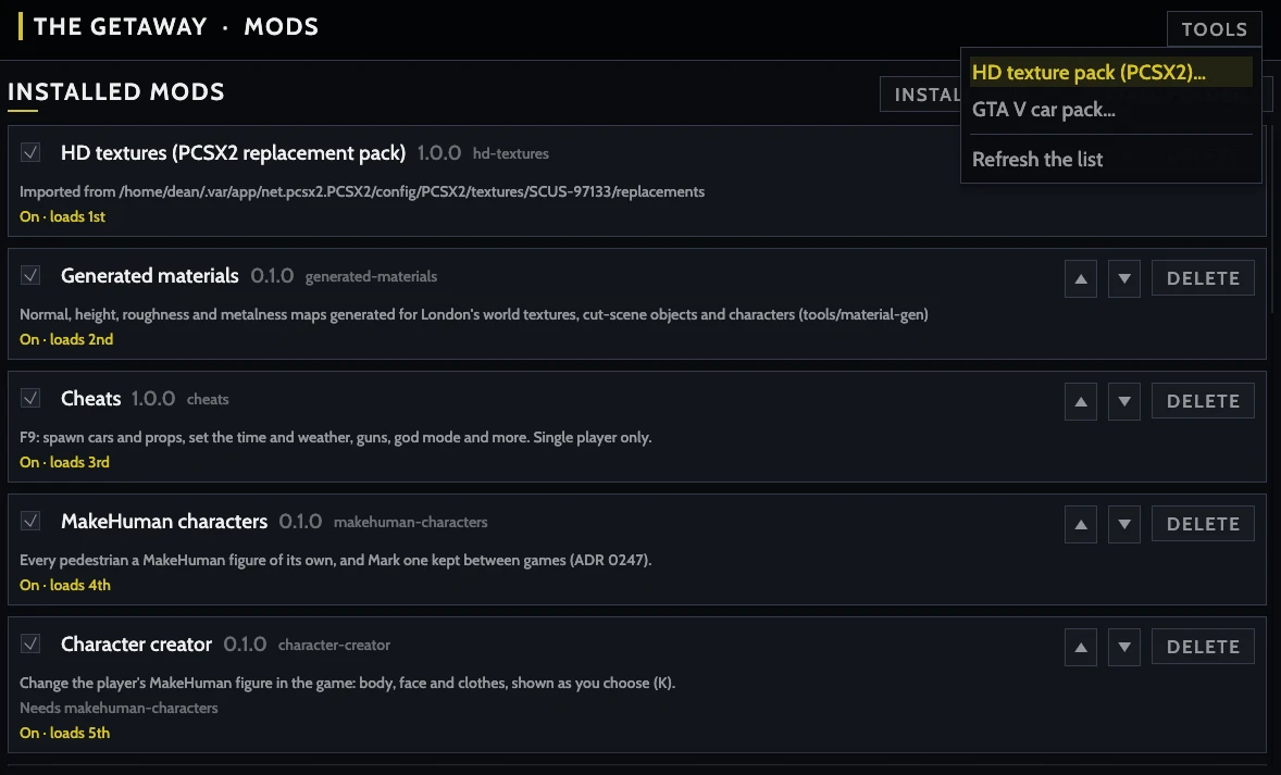 The mod manager's list of installed mods: HD textures imported from PCSX2 loads first, then generated materials, cheats, MakeHuman characters and the character creator, with the Tools menu open on HD texture pack (PCSX2).